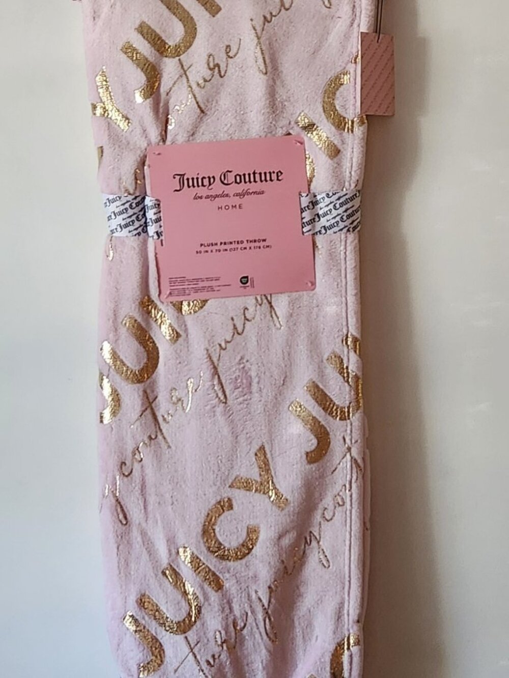 Juicy Couture plush blanket ultra soft 50 X 70 pink gold print NWT